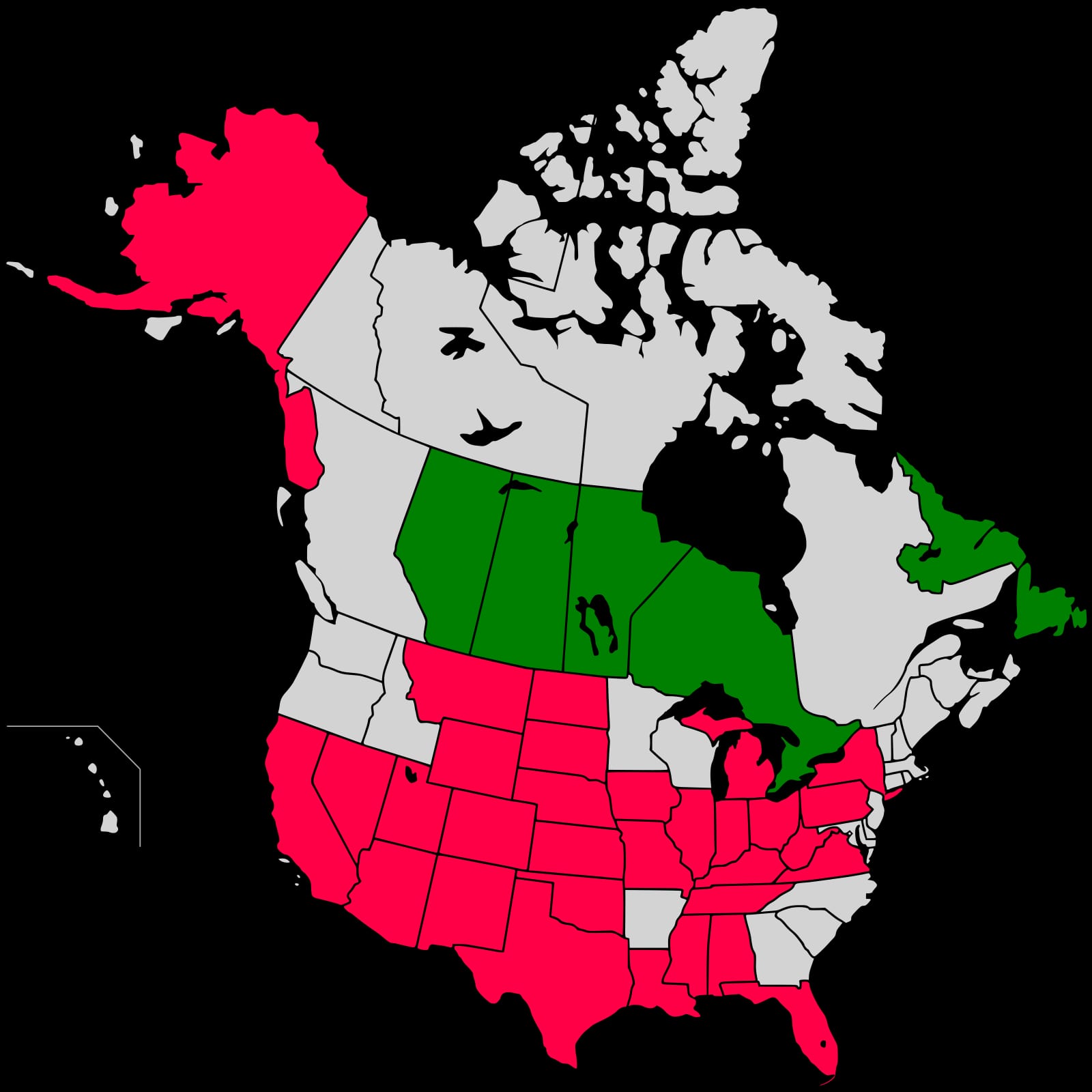 Oil producing USA-states-Canada-provinces map
