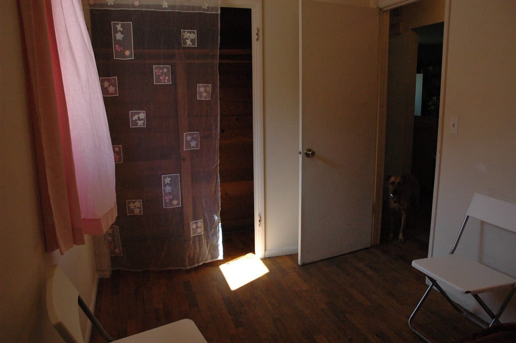 Exorcised little wooden room, pink window curtain, transparent panel, closet, square of light, chairs, Rosie at the door (she won't come in), Red House, Seattle, Washington, USA